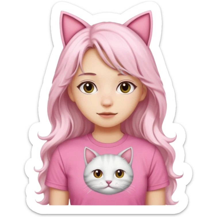 girl with long wavy white hair and cat ears wearing pink tshirt sticker