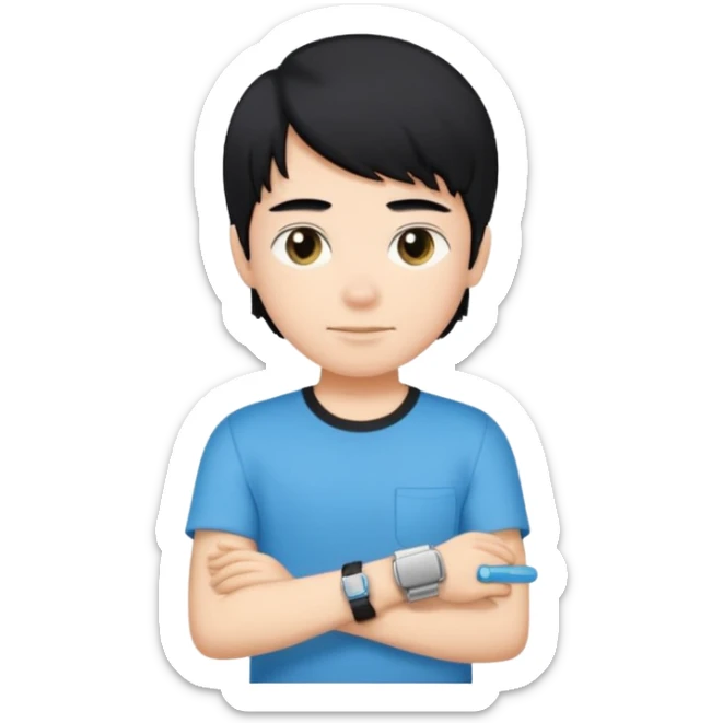 driving license of ipretty bratz emoji of a boy with a black tee, silver- blue bracelet, black hair sticker