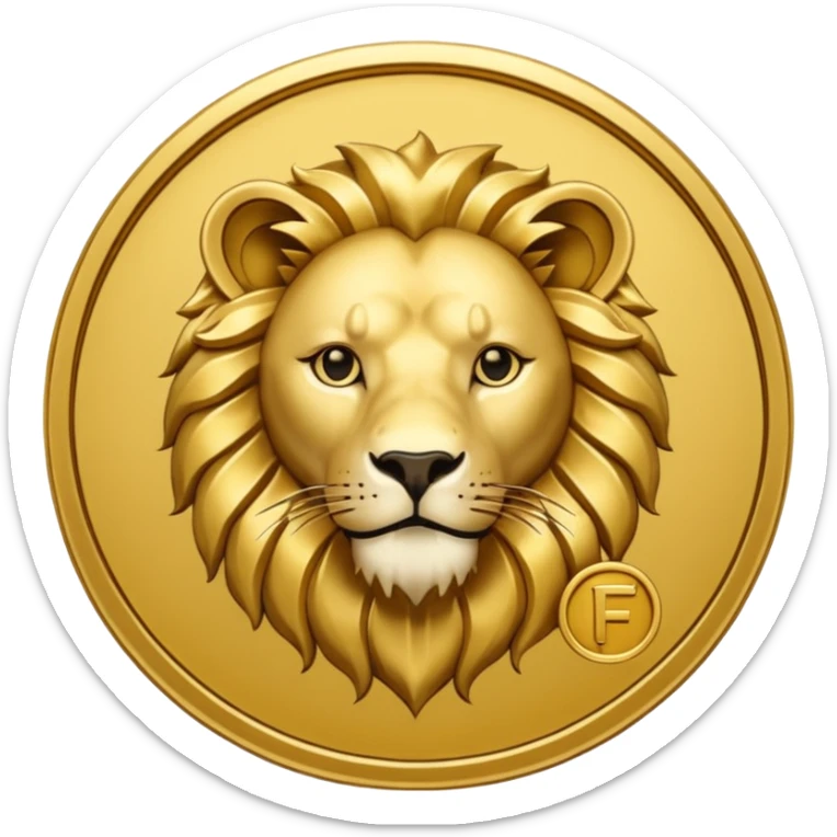 Fais un emoji de pièce d'or ronde avec l'inscription "F" dessus et un lion très détaillé gravé sur la pièce. Le F et le lion doivent être très lisible ainsi que les détails autour de la pièce. Monnaie Fcoins sticker
