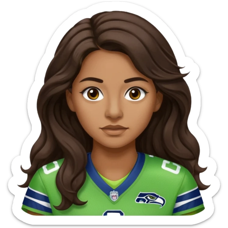 Long wavy Dark brown hair, brown eyes with small nose ring of seahawks fan women sticker