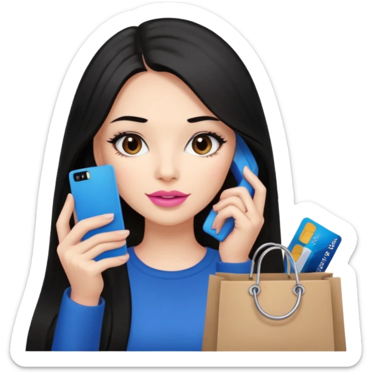 Girl with long black hair, pink lipstick, brown eyes on the phone holding shopping bags and blue credit card sticker
