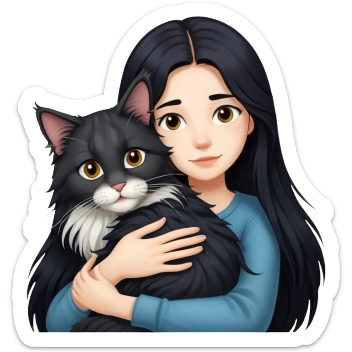 A girl with long black  hair tightly hugged a Maine coon sticker