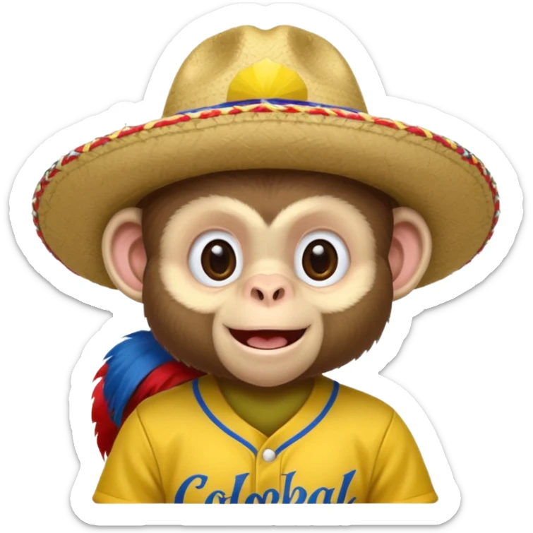 Un mono capuchino que predomine el color café, cara clara y expresiva, que lleve uniforme de softbol de Colombia, con un sombrero vueltiao' un poco inclinado, alegre, atlético y una gorra que diga "Yaifer" sticker