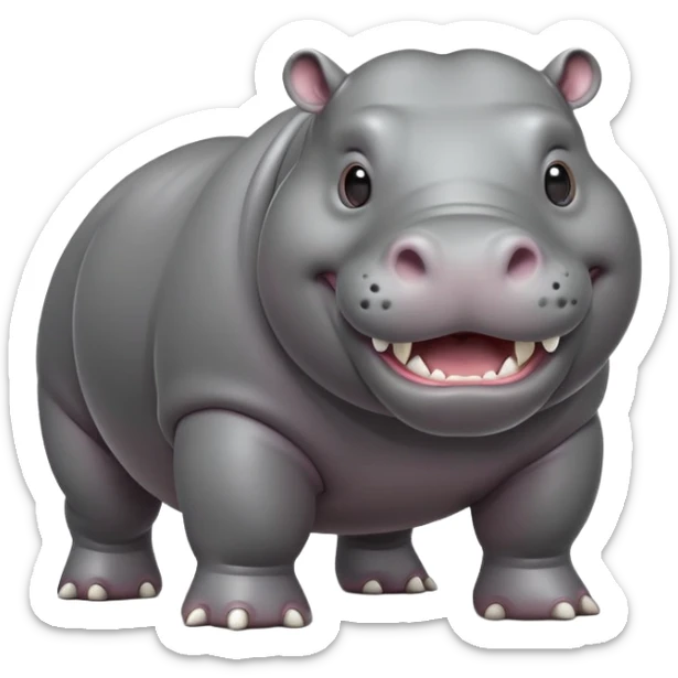 cinematic-hippo-realistic-full-body-side-view-standing-on-all-fours-emoji,-massive-round-frame,-wide-mouthed-grin-exposing-huge-teeth,-head-tilted-dramatically,-thick-grey-hide-glossy sticker