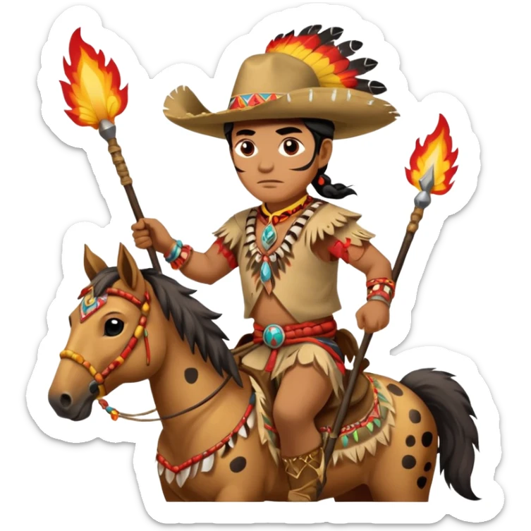 Male Chief Osceola wearing traditional Seminole garb and face paint , riding Appaloosa horse while holding a Native American spear that has feathers on tail and flames on spear head sticker