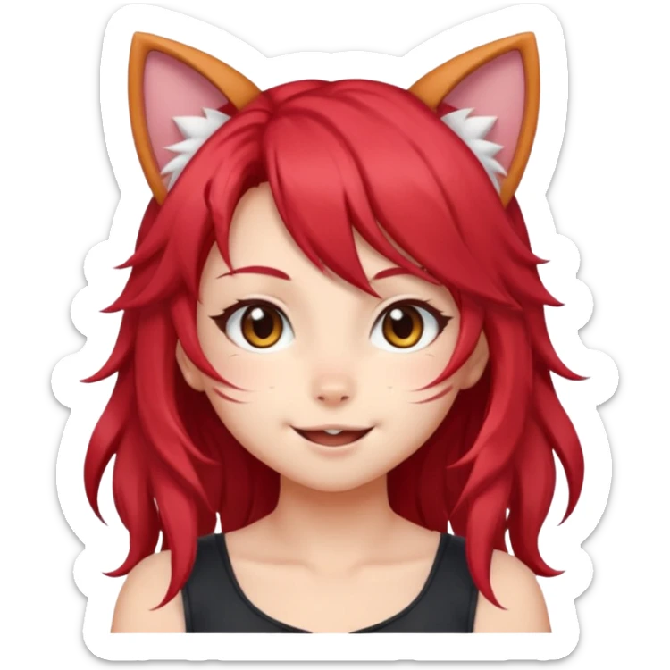 cute anime cat-girl with cat ears, red blowing hair sticker
