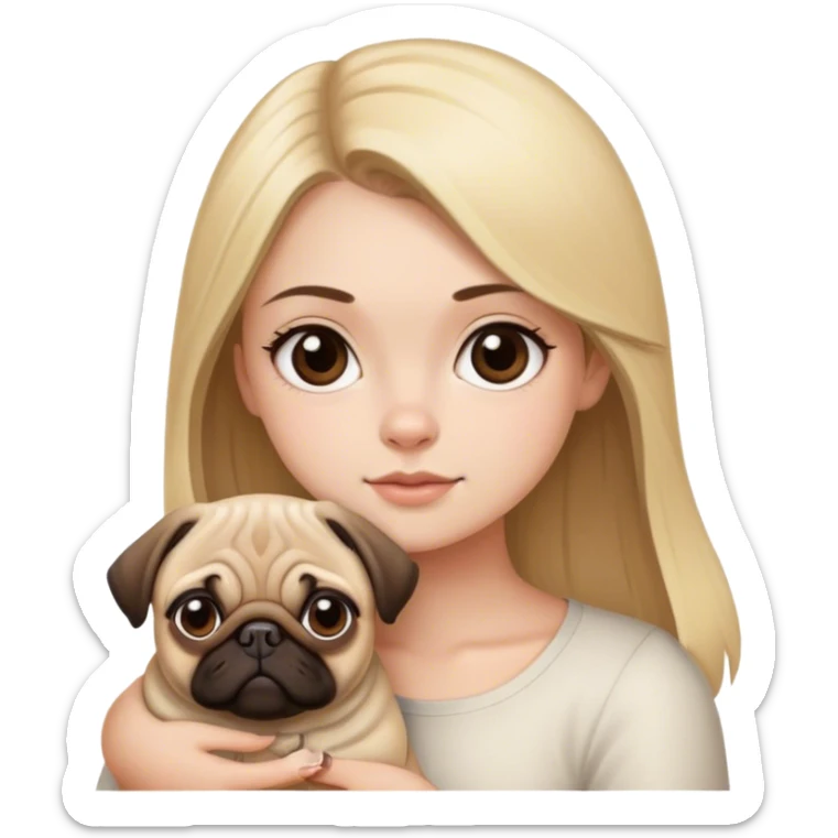veterinarian,blonde hair girl with brown eyes and white skin, straight hair and brown eyes, holding a pug sticker
