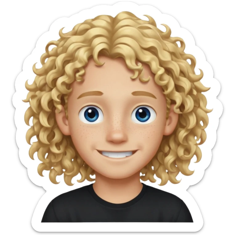 blonde boy with long curly hair past his ears, smiling, wearing a black shirt with freckles and blue eyes sticker