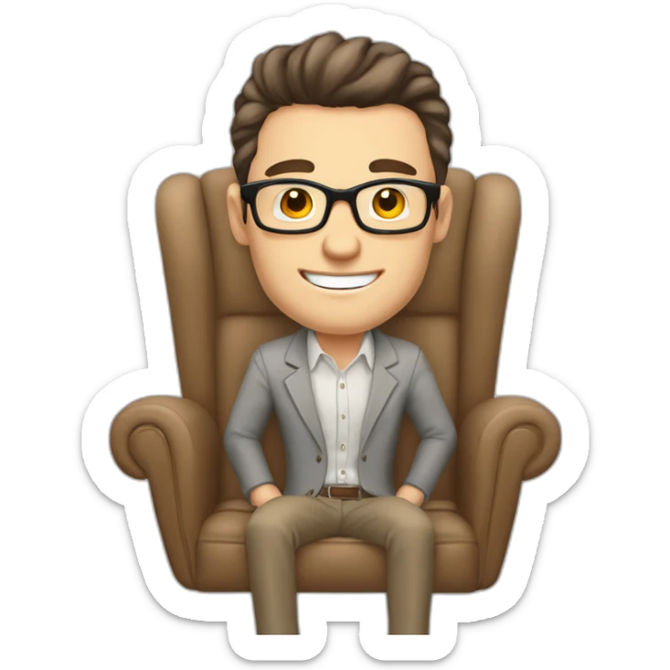 Joyful Pale skinned Fit Man With dark brown hair in gray jacket, beige office shirt, Brown pants and vintage glasses sitting In a soft chair. His thrumbs up sticker