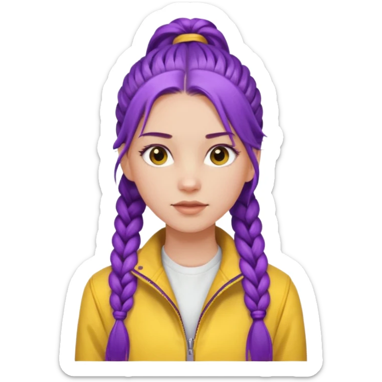a beautiful girl face, long purple high pony braided hair from the forehead, wearing a white shirt and a yellow jacket sticker