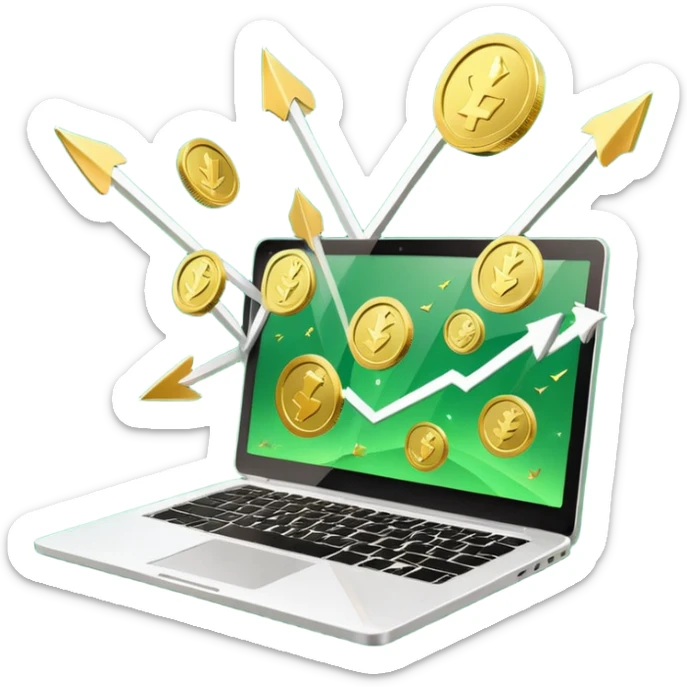 3D laptop icon with gold coins flying out of screen, green color (#0B3D2C), gold accents (#C9B037), upward arrows, glossy modern style, transparent background sticker