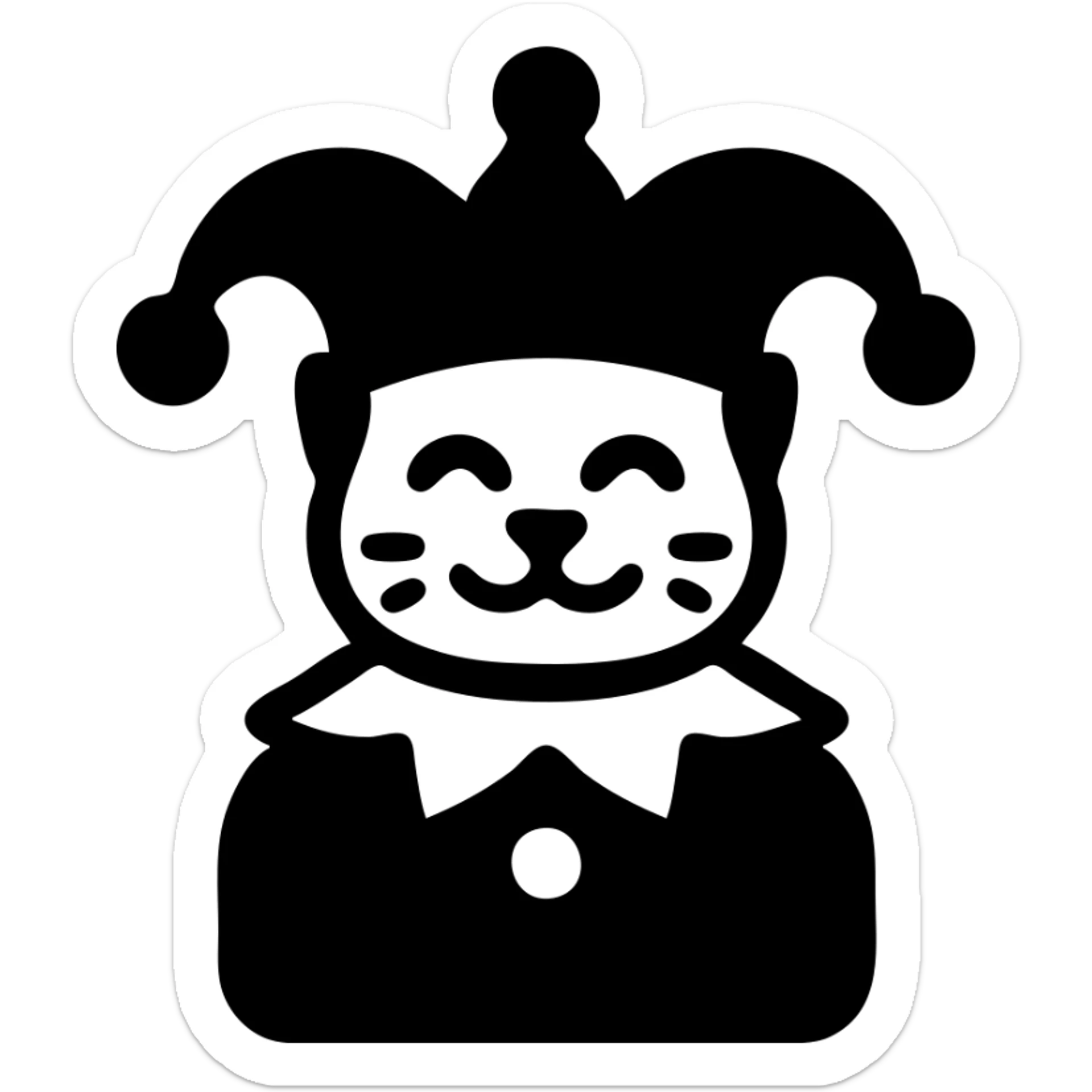 crazy cute little cat jolly joker from poker, medieval, vintage, court jester, mac os icon, purple, gold and red color, head + torso. Squared shape as 3D mac os system icon, symmetrical sticker