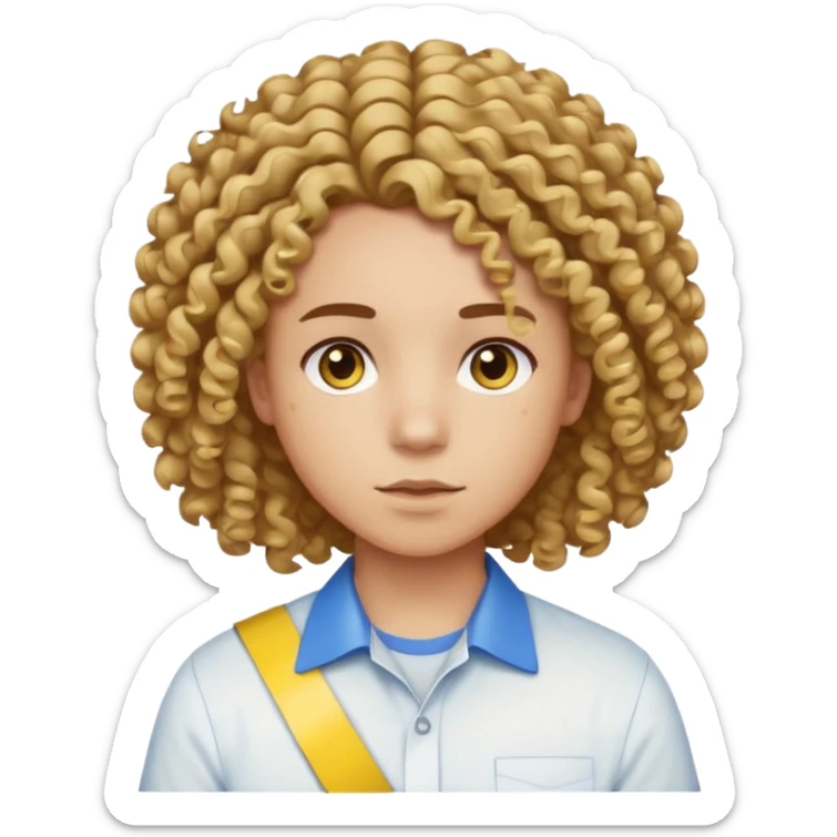 Make me an emoji that has a guy with a white shirt and yellow tape around the shirt with brown and blue spots hair make the hair curly make the yellow tape go around it sticker