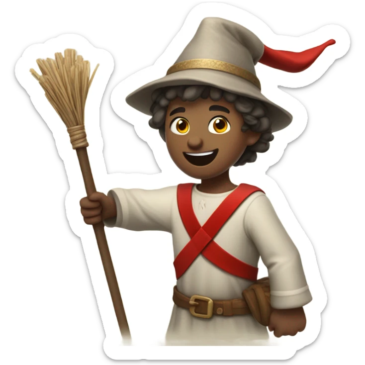 happy 13th century European pilgrim boy with staff, red stockings, short tunic and hat raising his hand in victory sticker