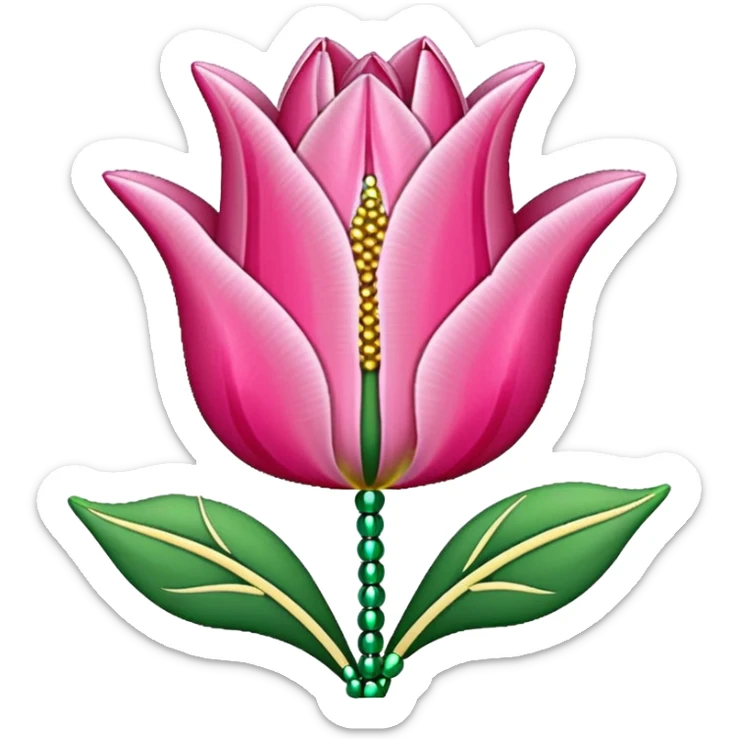 french beaded pink tulip flower with 2 leaves, handmade with glass beads, no background sticker
