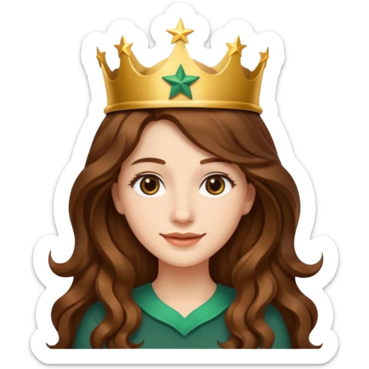 Apple style 3D emoji of a young woman inspired by the Starbucks logo. She has long wavy hair on both sides, a crown with a star on her head, and a soft smile. Smooth, shiny, simple emoji look. sticker