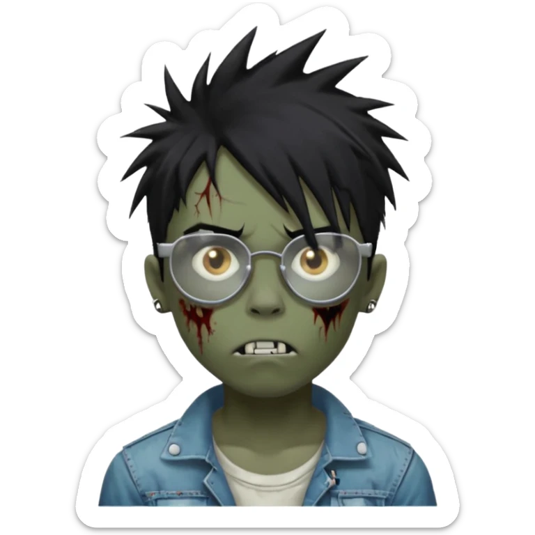Boy, zombie, black hair, medium long, spiky hair, emo, shaggy, dark, spooky, creepy expression emoji, add transparent glasses, a risk on the eyebrow, some tattos sticker