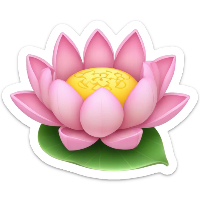  detailed, cute pink lotus flower resting on a round green leaf. The flower has soft, glowing petals, and the leaf appears fresh with a slight shine. The background is soft and gradient, complementing the natural theme. sticker