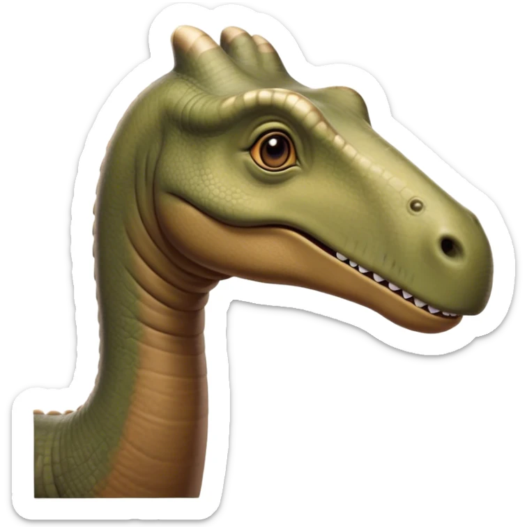 Cinematic Noble Brontosaurus Portrait Emoji, Poised and majestic, with a colossal, elongated neck stretching gracefully from a massive, sturdy body draped in warm, earthy tones, a gentle, wise face with soft, observant eyes, and a long, elegant tail, Simplified yet grandly defined features, highly detailed, glowing with a soft, ancient luminescence, high shine, intelligent and serene, stylized with an air of prehistoric grandeur, focused and calm, soft glowing outline, capturing the essence of a watchful and confident Brontosaurus that appears ready to loom out of the screen with effortless majesty! sticker