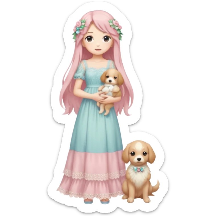 Pastel anime lady long hair with long lace dress full body holding puppy sticker