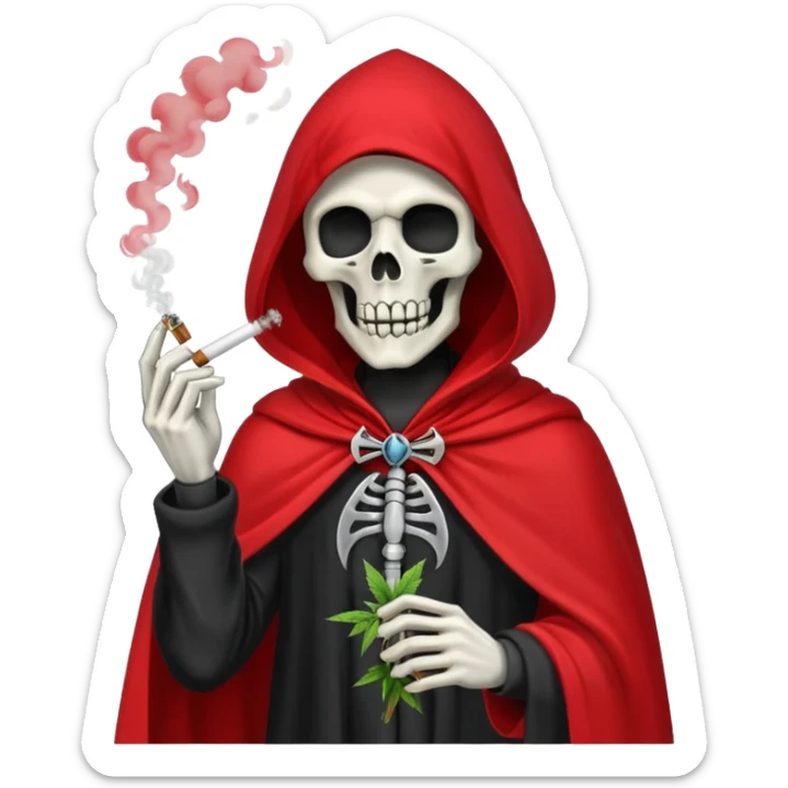 grim reaper in red cape smoking weed with loads of smoke in the air sticker
