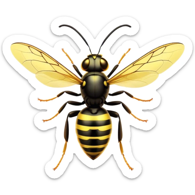 Cinematic Noble Wasp Portrait Emoji, Poised and formidable, with a sleek, slender body in bold yellow and black hues, angular, translucent wings and sharp, focused eyes exuding determined intensity, Simplified yet strikingly defined features, highly detailed, glowing with a cool, assertive radiance, high shine, intelligent and vigilant, stylized with an air of natural precision, focused and alert, soft glowing outline, capturing the essence of a watchful wasp that appears ready to buzz out of the screen with commanding presence! sticker