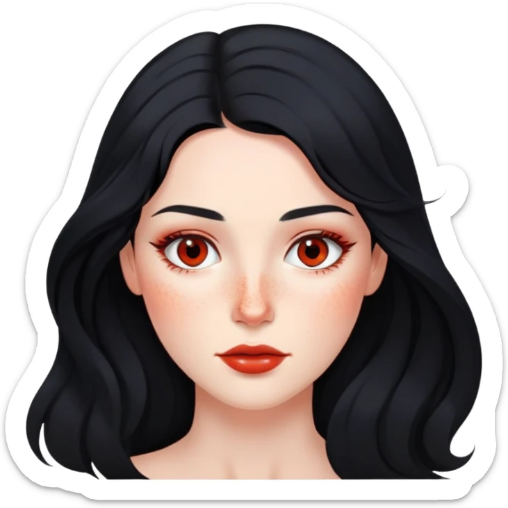 woman with flowing black hair, natural makeup, and prominent red freckles on face sticker