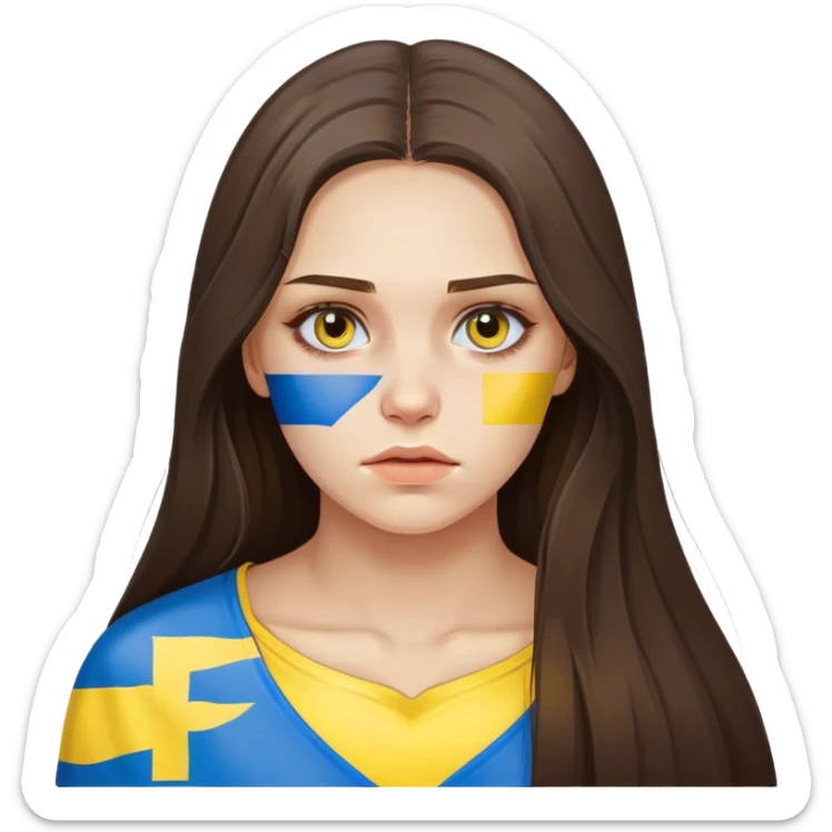 Brunette woman with long hair, Ukrainian flag (blue and yellow) painted on her cheek, sad expression sticker