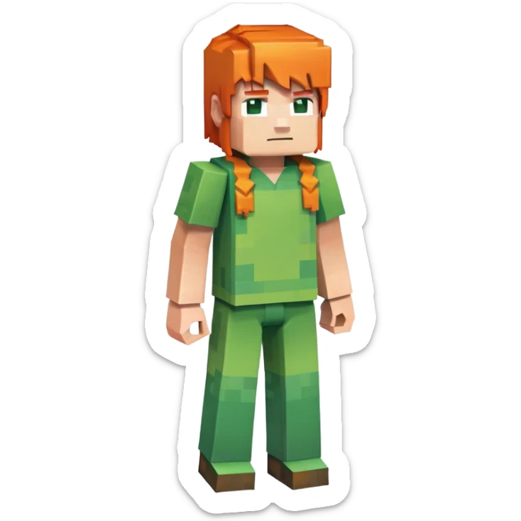 Minecraft Alex character full body with orange hair and green outfit, pixelated blocky style sticker