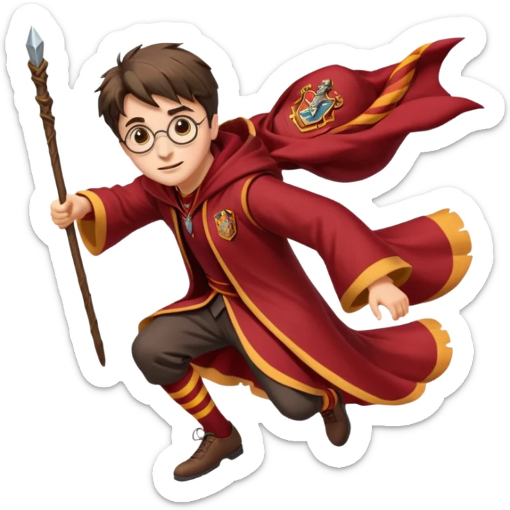 Cartoon-style illustration of Harry Potter flying on a broomstick, Gryffindor red and gold outfit, expressive face, dynamic motion, magical vibe, smooth shading, vibrant colors, no background, transparent background, isolated character. sticker
