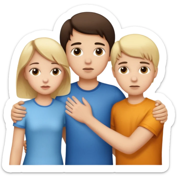  iOS emoji style.
A girl holding hands with two boys at the same time,one boy si brunette the other blonde, one on each side. the brunette one is kised by the girl but the blonde one si holding hand with her
The girl has a suspicious, guilty expression
 smooth gradients, rounded shape sticker