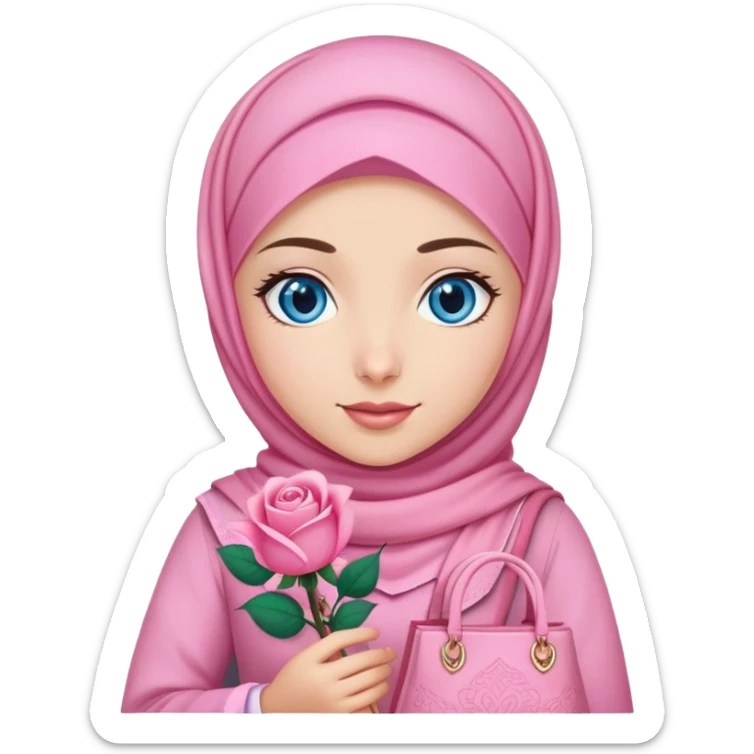 Turkish beautiful finish Konya girl blue eyes with pink hijab islamic dress and had on her hand pink rose bag sticker