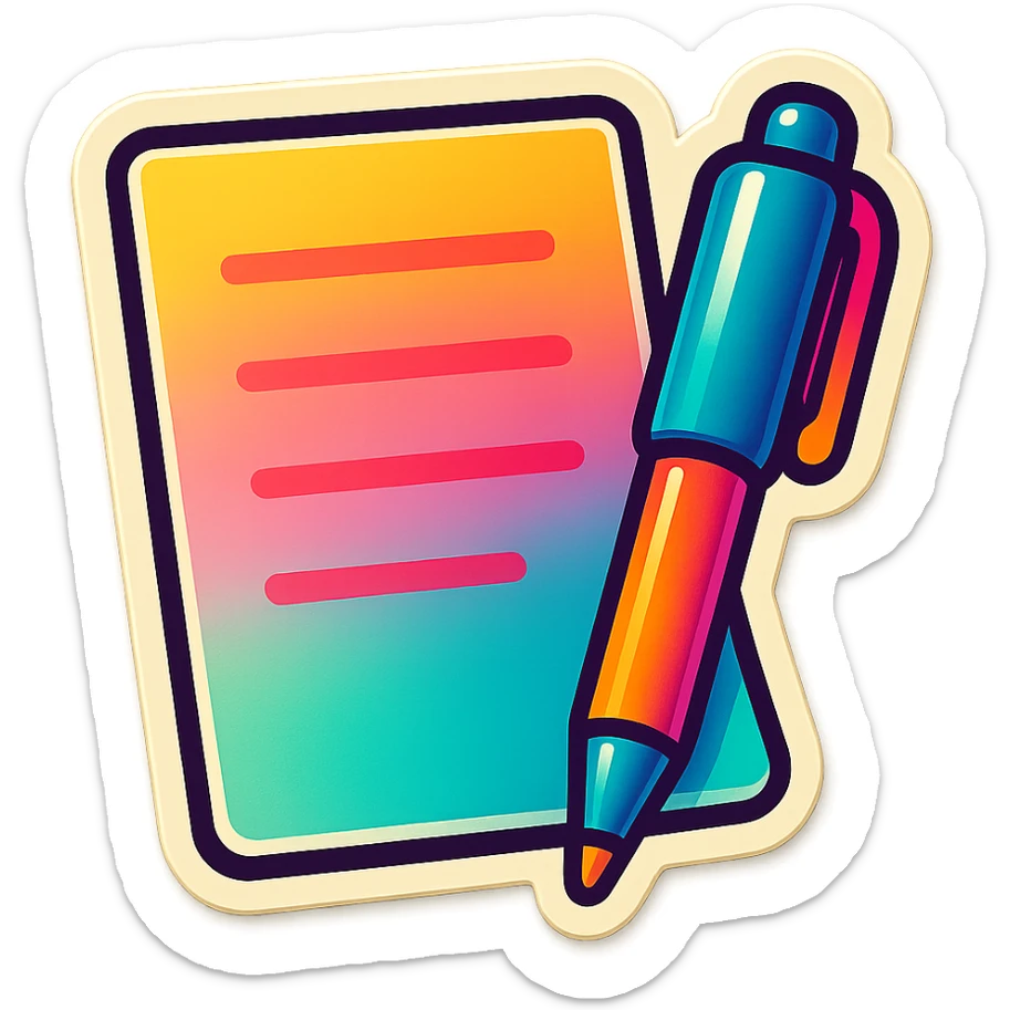 a playful and colorful sticker of a sheet of paper and a pen sticker