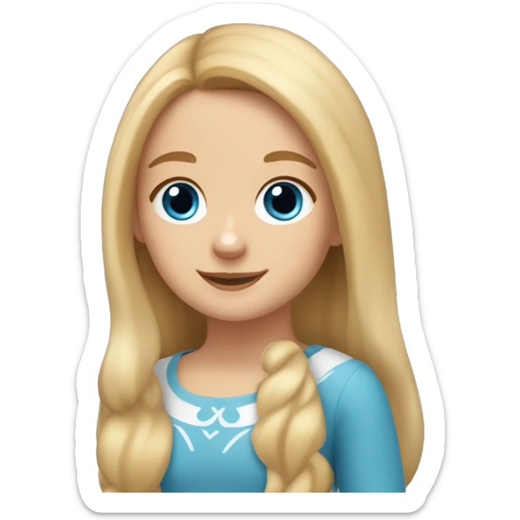 a girl with long blonde hair, she has blue eyes and a narrow nose and in her hands is a corgi sticker