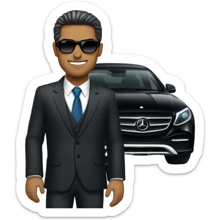 Latino Businessman with sunglasses standing in front of black Mercedes sticker
