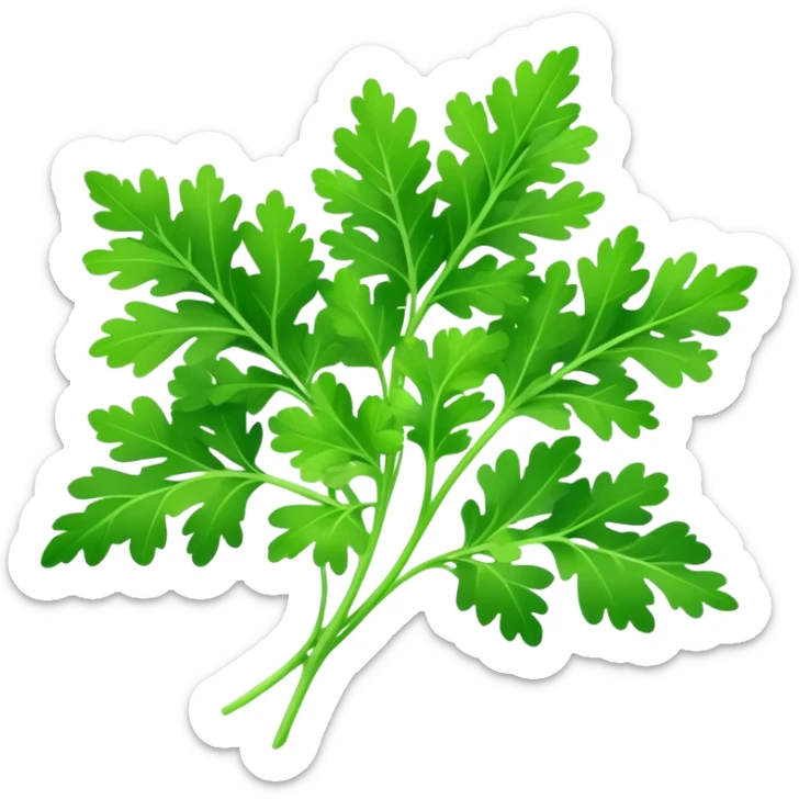 Cinematic Realistic Parsley Emoji, Fresh and vibrant, with bright green, frilly leaves that seem to shimmer with vitality. The plant exudes a sense of healthy growth and aromatic zest, inviting both beauty and flavor into any dish. Soft glowing outline, capturing the essence of freshness, health, and culinary delight in a sprig of parsley! sticker