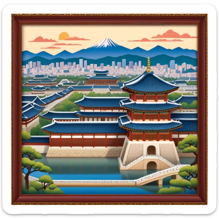 Cinematic Realistic Gyeongbokgung Palace Landmark Emoji, rendered with traditional Korean architecture, ornate wooden carvings, and vibrant colors, set against the backdrop of modern Seoul with soft evening light. sticker