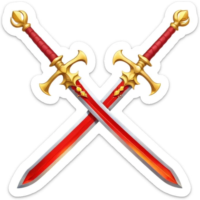 Two crossed swords that are golden in blade and handle and have fiery and royal appearence to them as well as red gem stones yellow in color sticker