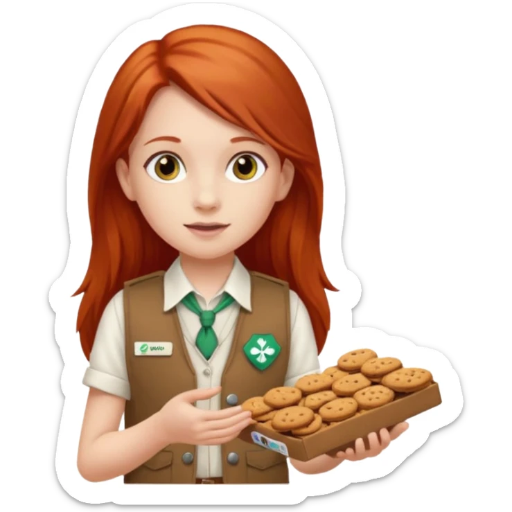 white girl scout with red long hair selling cookies with a brown Girl Scout vest and white shirt under vest. She should be around 10 years old sticker