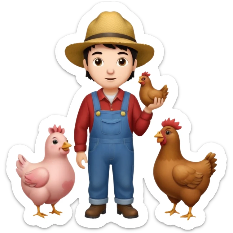 UN HOMBRE VESTIDO DE GRANJERO PIEL CLARA Y PELO OSCURO CON UNA GALLINA UN CERDO Y UNA VACA ALREDEDOR sticker