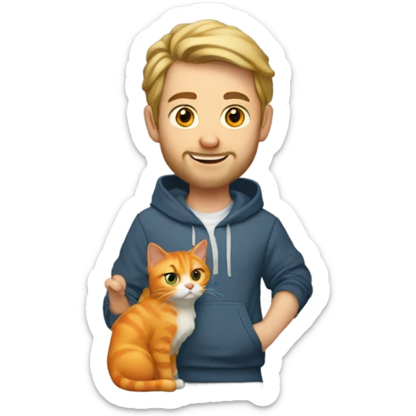 early 30s Caucasian male with dirty blonde shoulder length hair wearing a hoodie holding an orange cat ￼ sticker