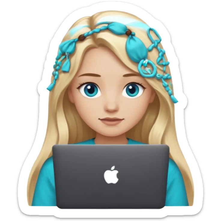 blonde long hair girl using macbook emoji. she has blue eyes and dark coffee shirt with Teal coloured accesory sticker