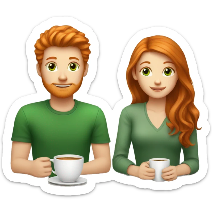 ginger hair girl and brown eyes and brunette boy with green eyes having a coffe sticker