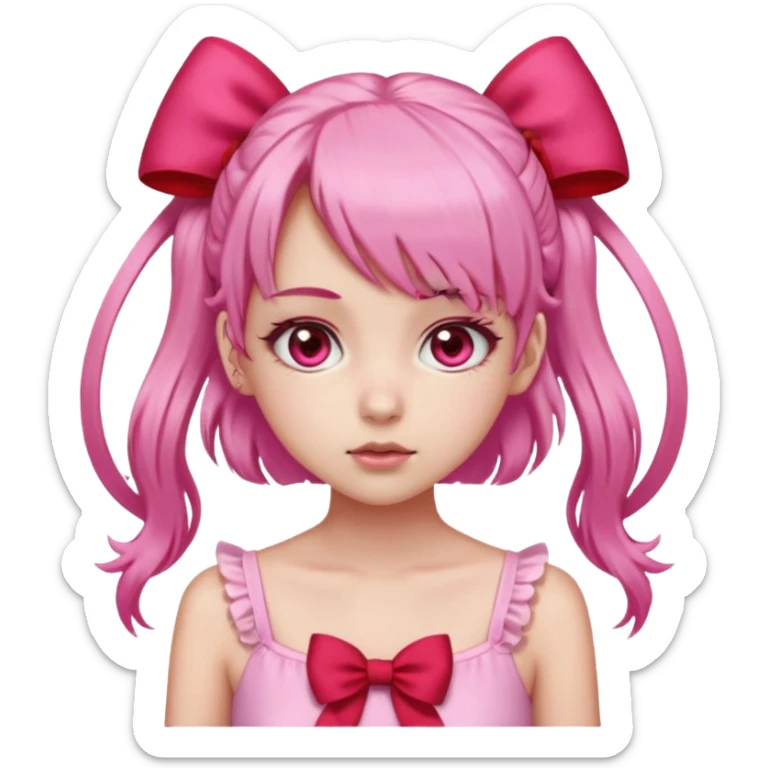 Faz uma garota de pele clara Seus olhos são grandes e rosa-avermelhados, sempre brilhantes e emotivos. O cabelo é rosa claro, preso em dois rabos de cavalo laterais com laços vermelhos, e sua franja é cheia, caindo sobre a testa de forma suave. sticker