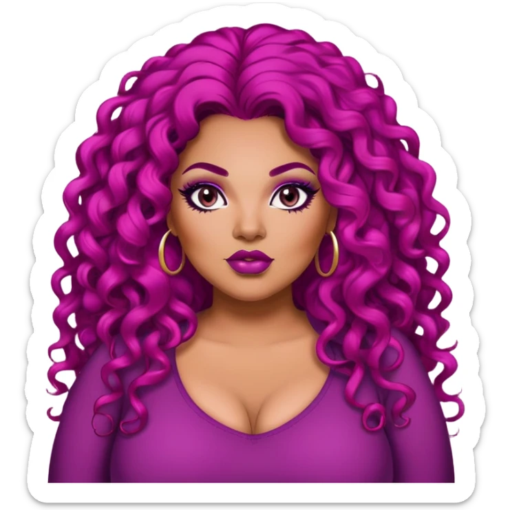 big plus size, darker tan skin, long magenta curly hair, baddie,pretty, makeup, lipliner, black eyeliner, long magenta hair sticker