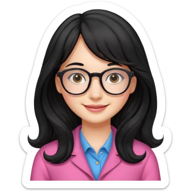 Please generate a portrait of a pretty girl with long, wavy, black hair. She's smiling. She also wears a middle parting and bangs. with glasses pink clothing sticker