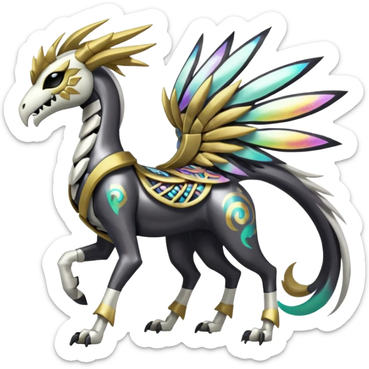 Colorful Shiny Tribal Skeletal masked armored Meloetta-Silvally-Solgaleo-Raikou-Pokémon-Digimon-Fakémon-fusion-hybrid-creature, full body sticker