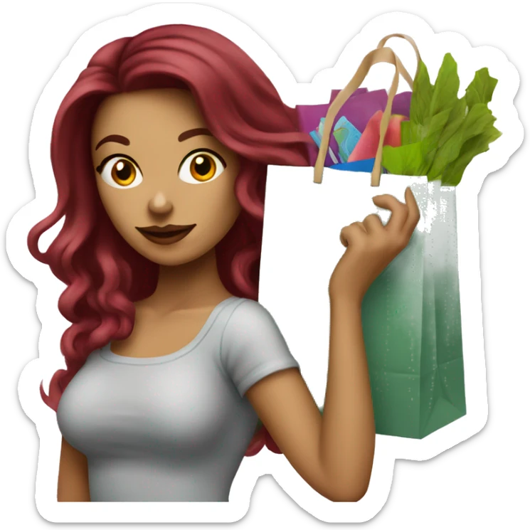 Beautiful tattooed burgundy long haired woman carrying a lot of shopping bags sticker