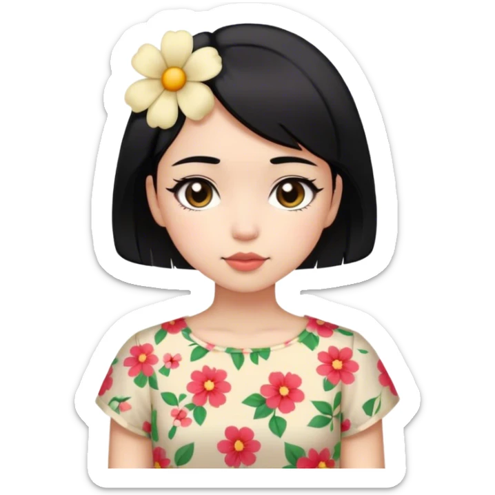 cute young girl, with short black hair and flower blouse sticker