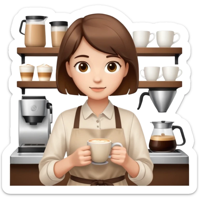 cute girl with short brown hair, wearing a beige barista apron over a white blouse, holding a coffee cup with latte art, faceless design sticker